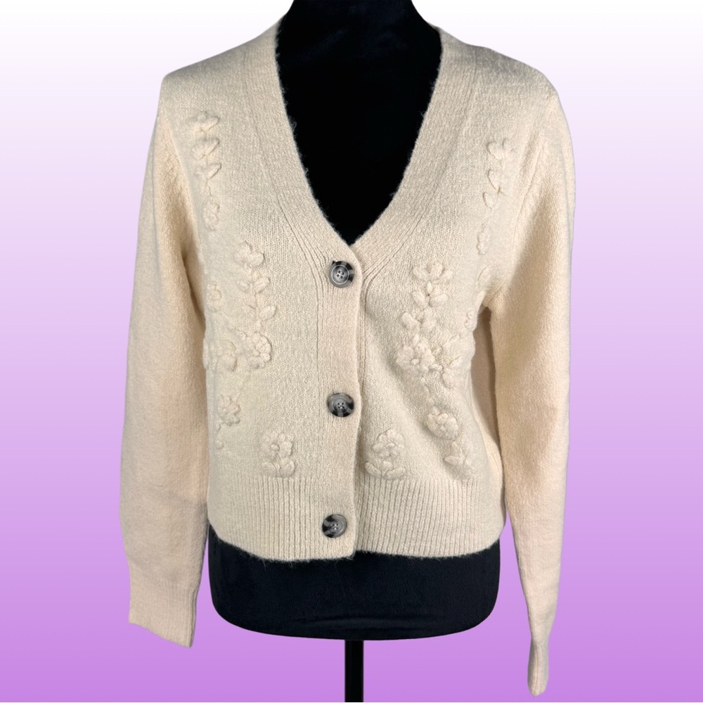 Jessica Simpson Women’s Crop Cardigan Sweater Embroidered Floral Cream NEW